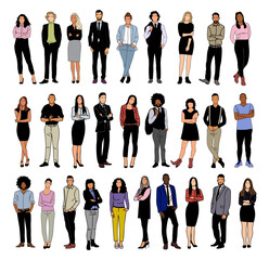 Modern business people collection. Vector cartoon illustration of diverse multinational standing men and women in smart casual and formal office outfit. Isolated