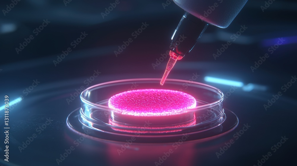 Poster microscopic view of a sample being analyzed with a pipette in a petri dish.