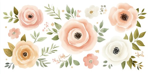 Pink flowers watercolor rose illustration.