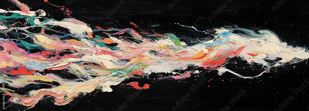 Poster hand drawn abstract art features a panoramic background with vibrant colors and textured design elem