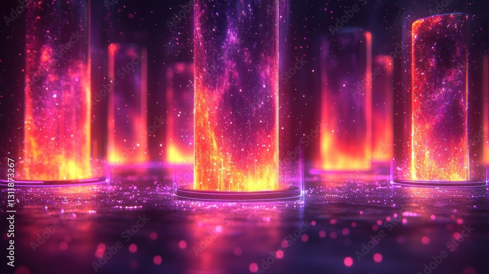 Poster glowing portal columns with abstract starry sky effect and neon light