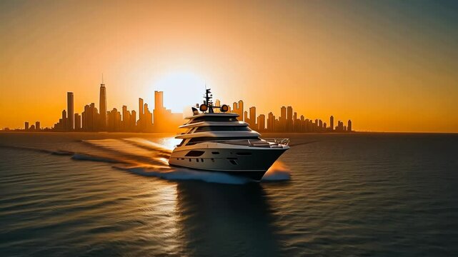 Elegant yacht cruising across the water at sunset with a city skyline in the background