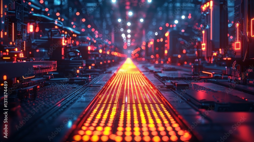Poster futuristic technology path with red light, digital data flow concept
