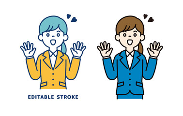目を輝かせて驚く、若い女性会社員のベクターイラスト素材＿線幅の編集可能