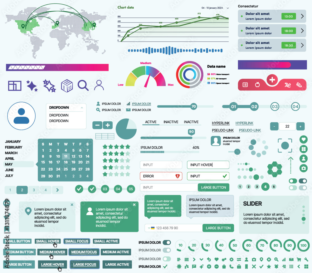 Poster set of ui/ux elements for websites and mobile applications: buttons, forms, menus, panels, icons, lo
