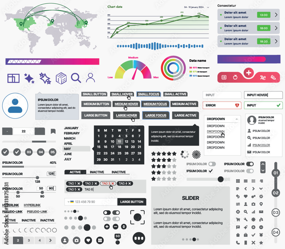 Poster set of ui/ux elements for websites and mobile applications: buttons, forms, menus, panels, icons, lo