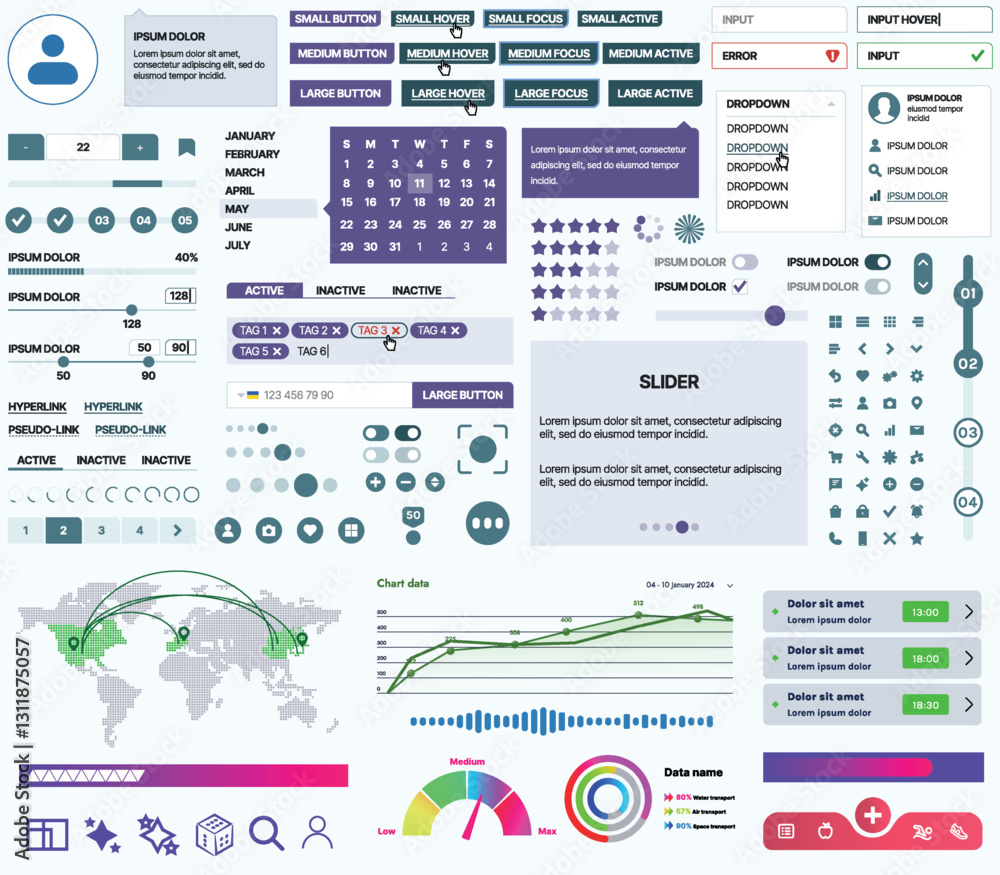 Poster set of ui/ux elements for websites and mobile applications: buttons, forms, menus, panels, icons, lo