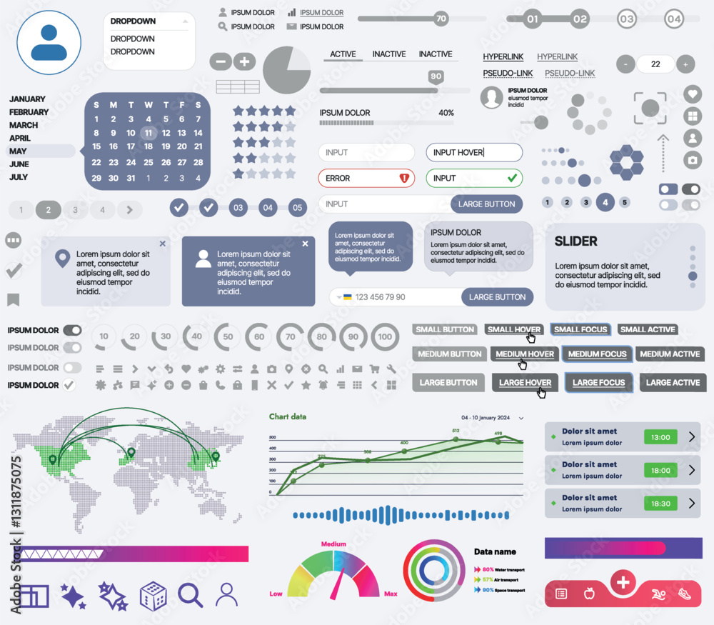 Poster set of ui/ux elements for websites and mobile applications: buttons, forms, menus, panels, icons, lo