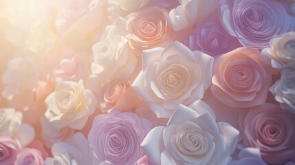 Pastel Roses Background, Beautiful soft focus of pink, white, purple rose flowers in full bloom for romantic spring or wedding concepts