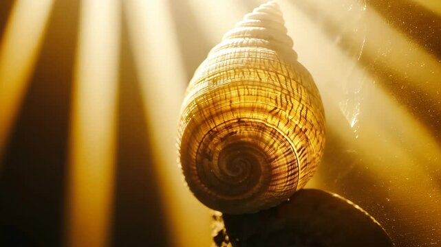 Close-up view of a beautiful shell illuminated by golden light in a tranquil underwater setting
