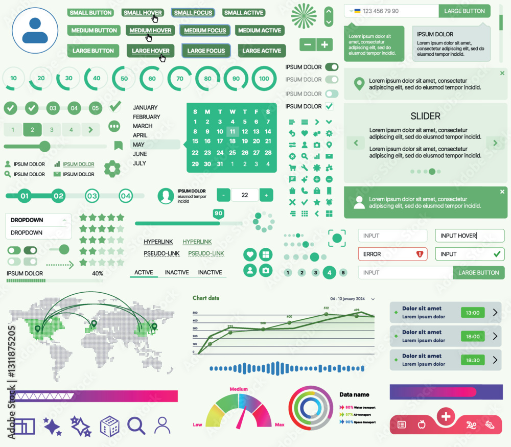 Poster set of ui/ux elements for websites and mobile applications: buttons, forms, menus, panels, icons, lo
