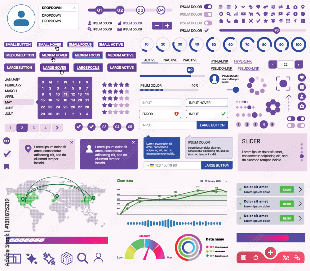 Poster set of ui/ux elements for websites and mobile applications: buttons, forms, menus, panels, icons, lo