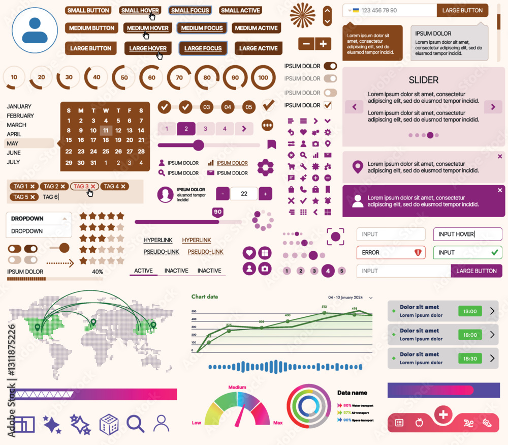 Poster set of ui/ux elements for websites and mobile applications: buttons, forms, menus, panels, icons, lo
