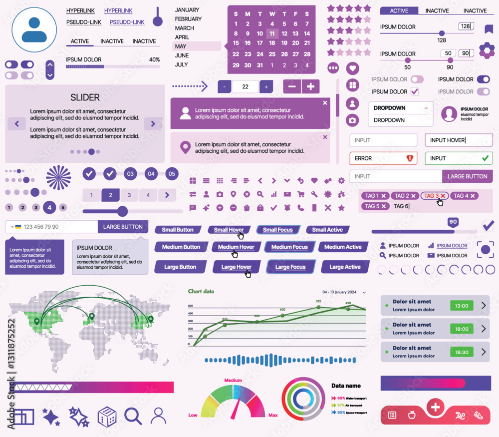 Poster set of ui/ux elements for websites and mobile applications: buttons, forms, menus, panels, icons, lo