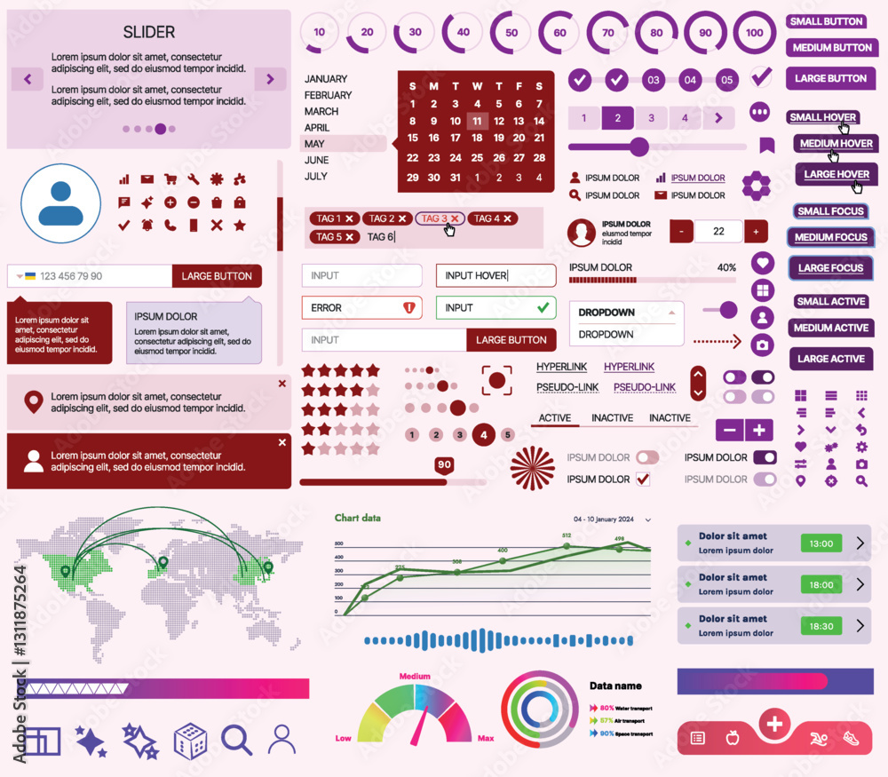 Poster set of ui/ux elements for websites and mobile applications: buttons, forms, menus, panels, icons, lo