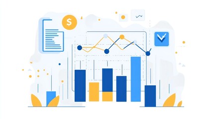 Business data analysis illustration, charts, graphs, progress, financial overview, modern infographic, various information elements, showing positive progress
