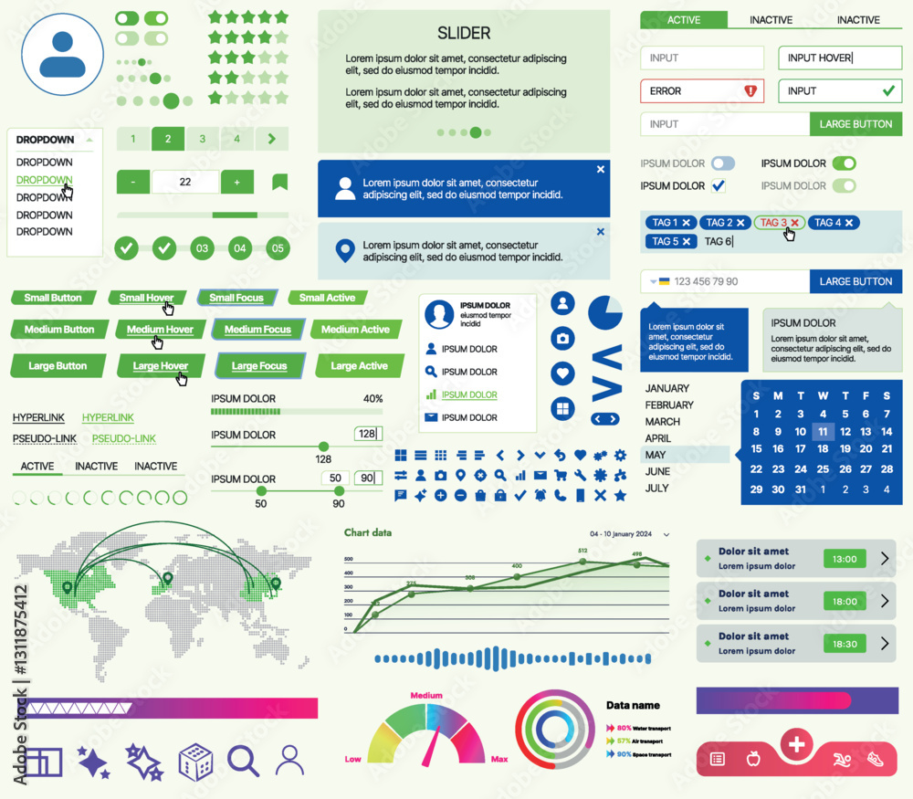 Poster set of ui/ux elements for websites and mobile applications: buttons, forms, menus, panels, icons, lo