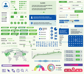 Set of UI/UX elements for websites and mobile applications: buttons, forms, menus, panels, icons, login, payment, rating. Modern design for convenient interaction and business planning