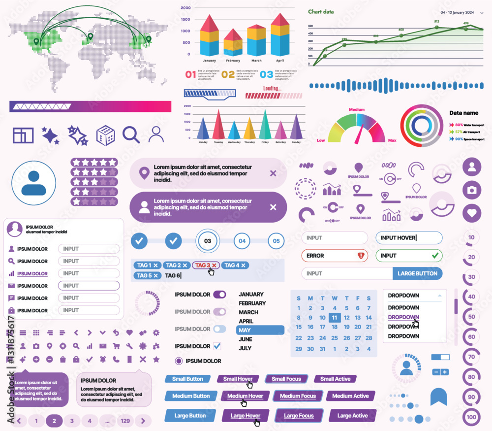 Poster set of ui/ux elements for websites and mobile applications: buttons, forms, menus, panels, icons, lo
