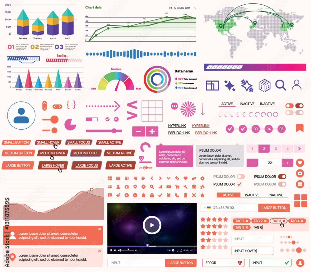 Poster set of ui/ux elements for websites and mobile applications: buttons, forms, menus, panels, icons, lo