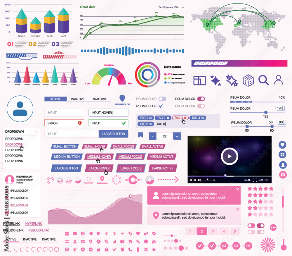 Poster set of ui/ux elements for websites and mobile applications: buttons, forms, menus, panels, icons, lo