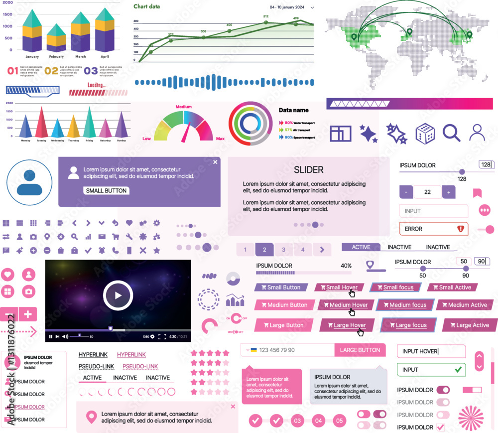Poster set of ui/ux elements for websites and mobile applications: buttons, forms, menus, panels, icons, lo
