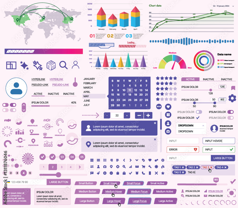 Poster set of ui/ux elements for websites and mobile applications: buttons, forms, menus, panels, icons, lo