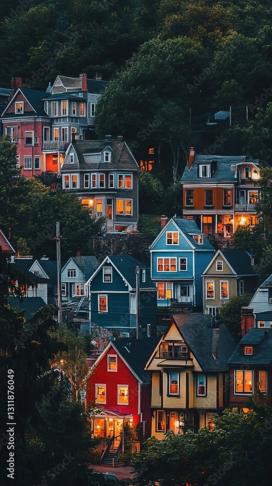 Poster a stunning twilight view showcasing colorful hillside homes glowing against a backdrop of lush green