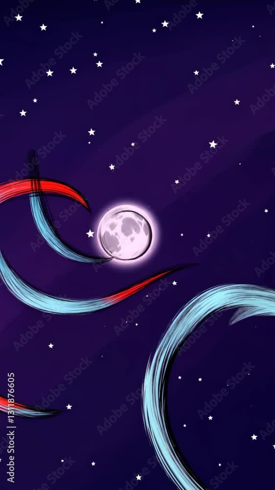 Aufkleber A colorful drawing of a moon and a ribbon with red and blue colors. The moon is positioned in the middle of the ribbon, and it is floating in space
