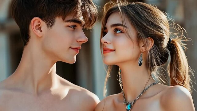 romantic teenager love couple lean to kissing at home