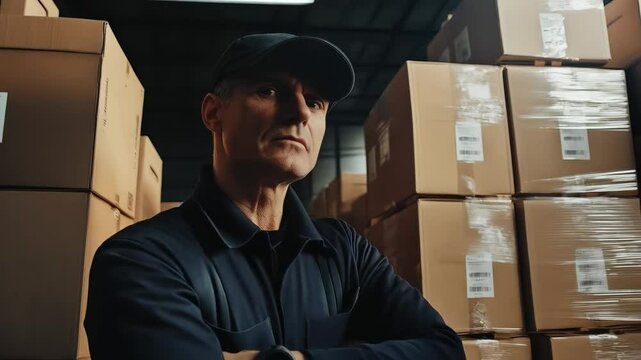 Warehouse worker standing confidently among stacked cardboard boxes while assessing the area and preparing for the day's tasks