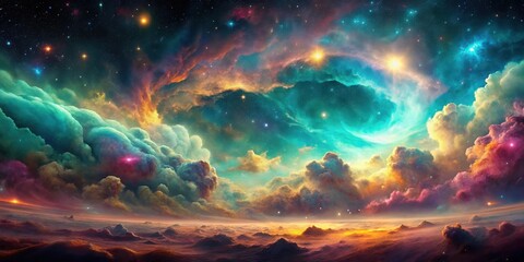 A Dreamlike Celestial Landscape Vivid Hues of Nebulae and Clouds Swirling Across a Serene, Imaginary World
