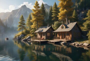 Fototapeta premium Lakeside cabin with a private dock and a sailboat anchored in the water, sailboat, dock, anchor