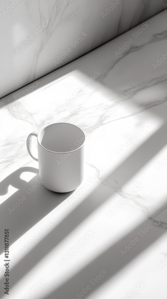 Poster white mug on a white marble surface with dramatic light and shadow patterns creating a minimalist ae