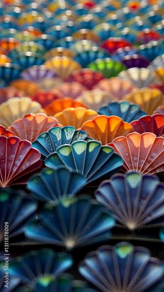 Poster A bunch of colorful shells are displayed in a row. The shells are of different colors and sizes