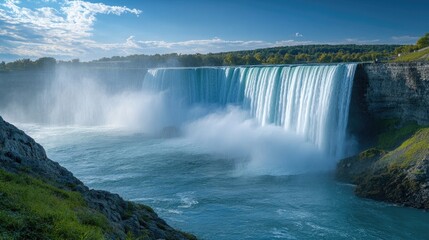 Fototapeta premium Majestic Waterfall Cascades into Turquoise Waters Under a Bright Sky