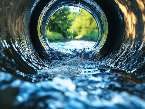 A large sewer pipe with water flowing out. Generative AI