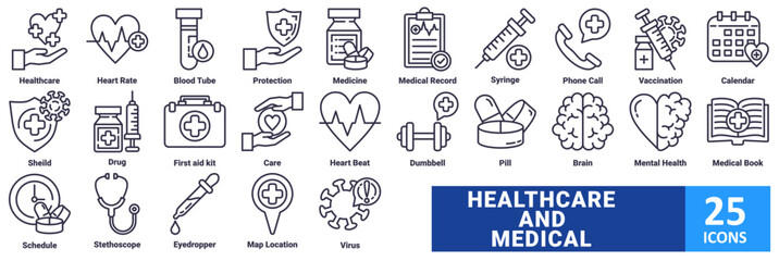 Healthcare and Medical  icon set with icon Healthcare, Heart Rate, Blood Tube, Protection, Medicine, Medical Record, Syringe, Phone Call, Vaccination, Calendar, Shield, Drug, First aid kit, Care, 