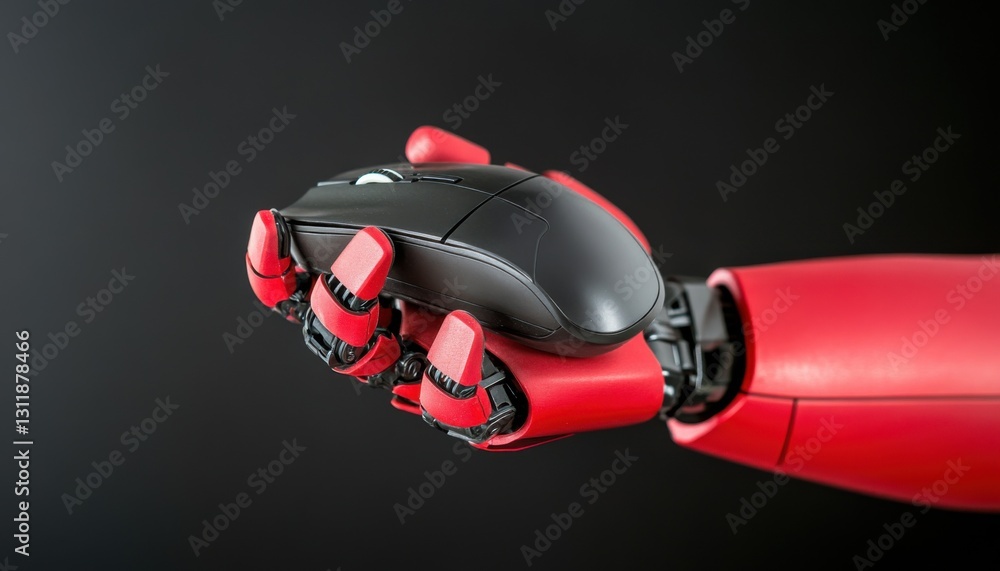 Poster robotic hand gripping a computer mouse against a dark background.