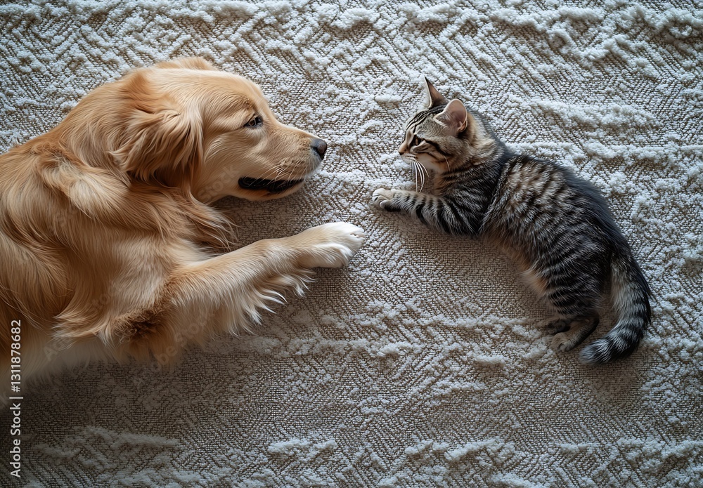 Poster playful golden retriever and energetic tabby kitten on soft rug having fun together : generative ai