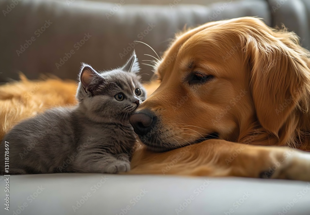 Aufkleber cute grey kitten nose to nose with a golden retriever creating a lovely and affectionate moment : ge