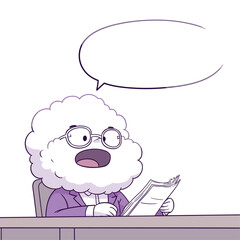 A cartoon of an anthropomorphic white cloud in a purple suit and glasses, sitting at a desk and reading papers with its mouth open wide, as if speaking to someone