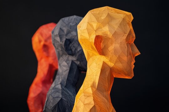 Customer journey behavior personalization. Abstract sculptures in vibrant colors representing human figures, showcasing artistic creativity and geometric design against a dark background.