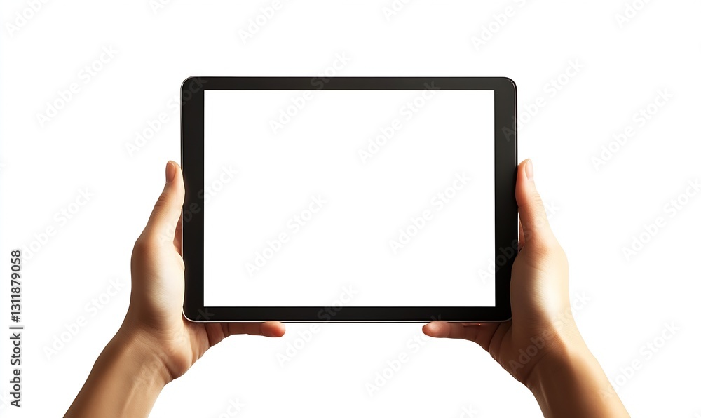 Aufkleber Hands holding a blank tablet screen on a white background for digital display or template usage : Generative AI