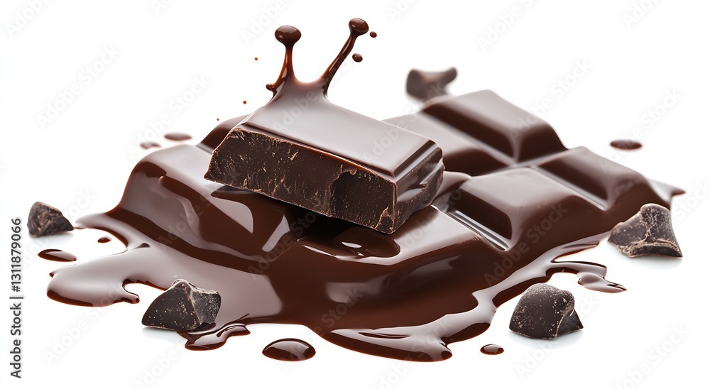 Aufkleber Smooth melted chocolate bars with splashes and chunks on a pristine white background : Generative AI