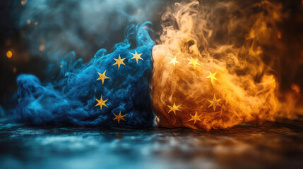 European union and turkey symbolic smoke flags, international diplomacy concept, cultural relations, peaceful dialogue, vibrant visuals for diplomatic themes