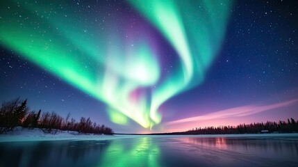 Aurora borealis northern lights concept. Stunning view of the Northern Lights illuminating the night sky over a serene landscape.