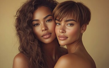 Obraz premium A beautiful African American woman with long, curly hair and an attractive Caucasian man without makeup on his skin tone