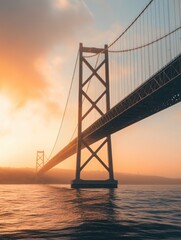 Obraz premium Suspension bridge captured during a vibrant sunrise over a tranquil waterway