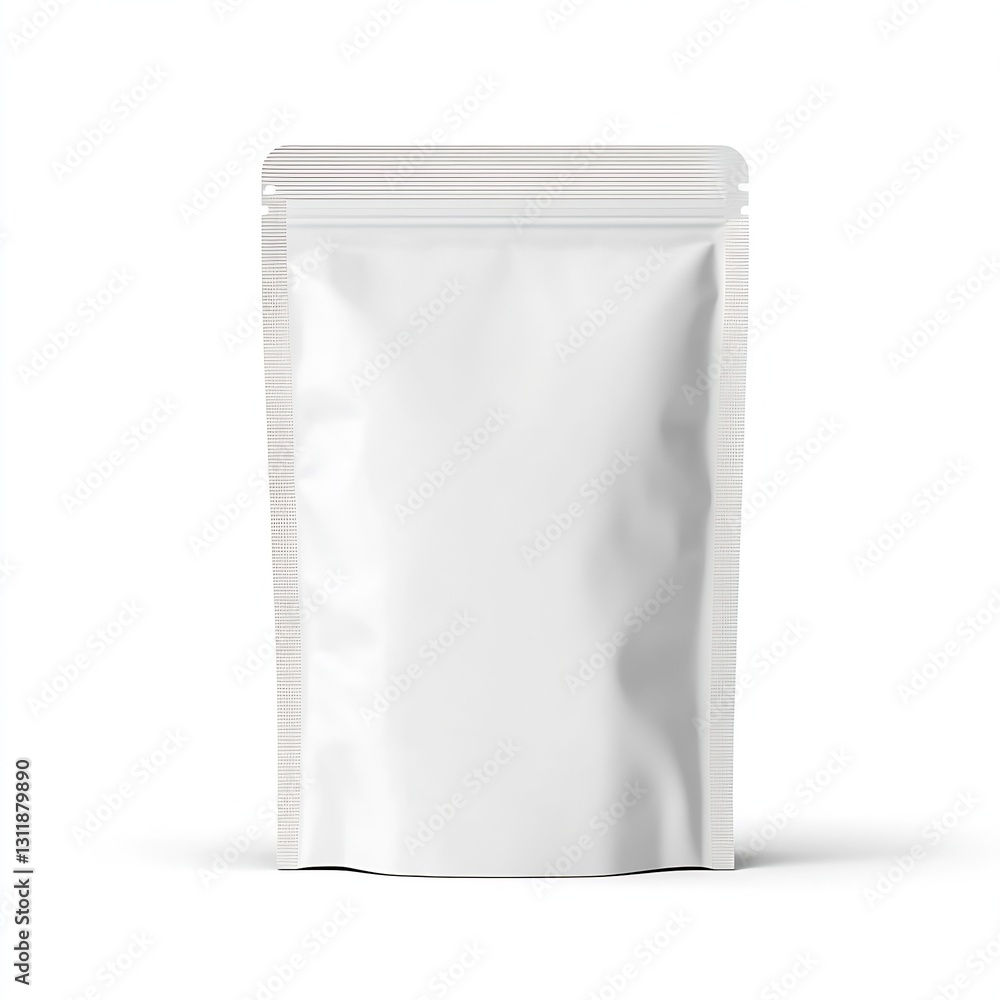 Poster front view of a sealed white packaging pouch for product presentation or branding : generative ai